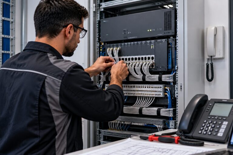 Tecnico attesta le linee di un centralino telefonico nell armadio di rete