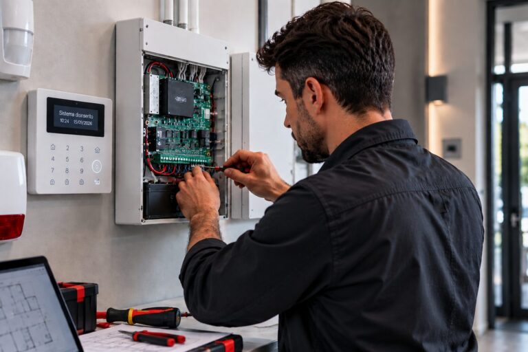 Tecnico installa una centrale di allarme a parete, con tastiera e rivelatore volumetrico