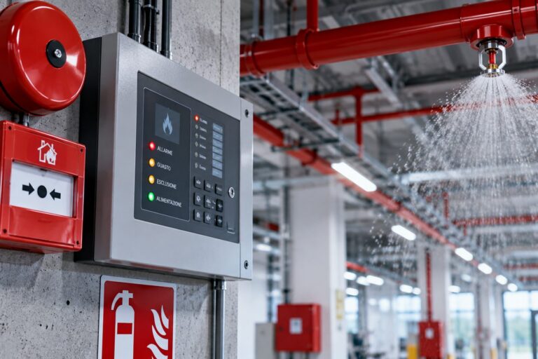 Centrale di rivelazione incendio a parete, pulsante manuale e impianto sprinkler